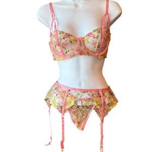 Mapale Pink Garden Floral Embroidered Lingerie Set Garters Bra Panty Small